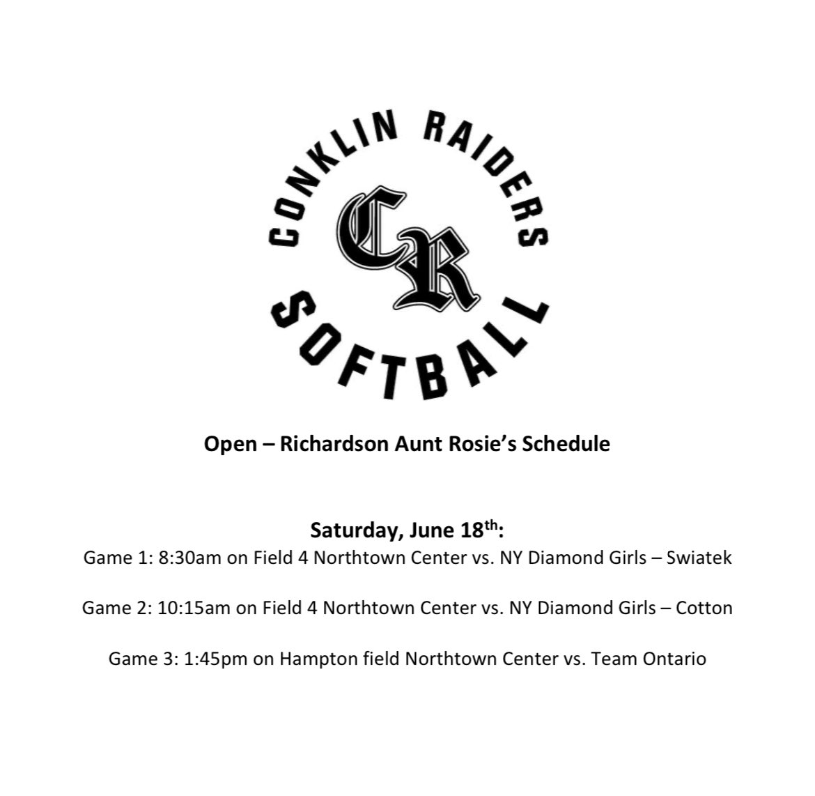 ConklinOpen's tweet photo. We are back at this weekend in Buffalo! Come see us 👀🥎 Let’s go Raiders! ⚫️⚪️ https://t.co/9uuyQ4Zo7r