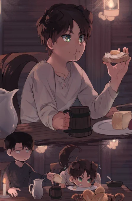 [Dogboy Eren] Food, food, and more food. His stomach is too full. 