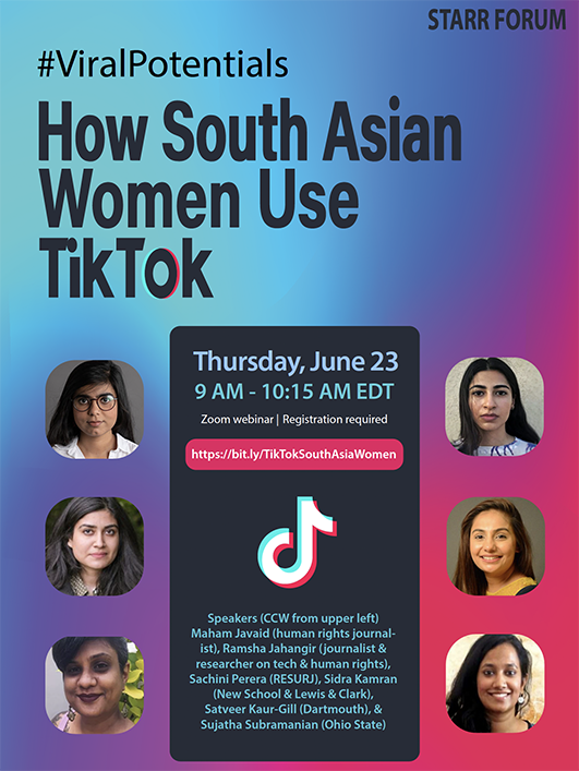 MITevents's tweet image. June 23: Starr Forum: How South Asian Women Use TikTok. Please register for this Zoom event ➡️ mitsha.re/ktxP50Jyk1u @MIT_CIS @MITIndiaProgram