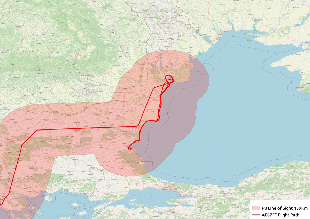 TheIntelFrog's tweet photo. P-8A Poseidon #AE67FF is on a low altitude sortie along the western coast of the Black Sea.
The coastline sweep is being done at an altitude of 5,000'.
This depicts the flight path and approximate area of coverage for this sortie. https://t.co/IbByJzH9pQ