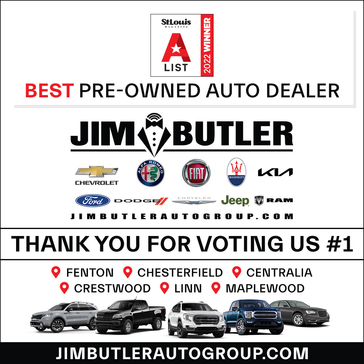 JimButlerCDJR's tweet photo. Jim Butler is number one! Thanks to all of our customers, we were voted the Best Pre-Owned Auto Dealer in the @stlmag 2022 A List Awards! Shop Jim Butler Auto Group's huge selection online today! https://t.co/TA8iVCtFN7
#JimButlerAutoGroup #JimButler #AList #STLMag #PreOwned https://t.co/Vo1OBiCJ38