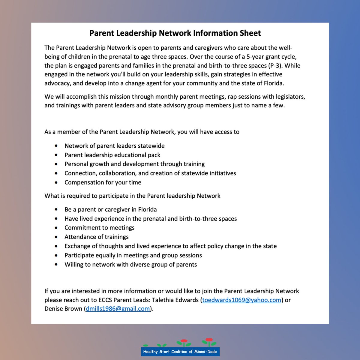 hscmd's tweet photo. 📣 You're invited!
Florida Association of Healthy Start Coalitions (FAHSC) along with the Early Childhood Comprehensive Systems (ECCS), are looking for parents who are interested in learning more about the emerging Parent Leadership Network.
#HSMCD #nonprofitorganization https://t.co/YR91wUVqhY