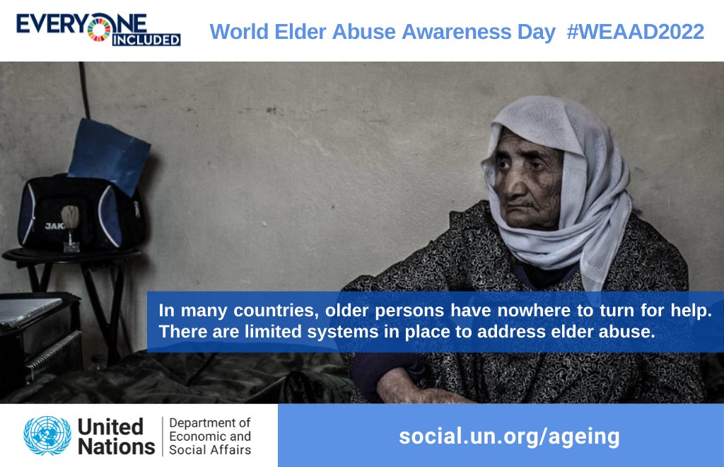 UNDESASocial's tweet photo. In many countries, older persons have no where to turn for help-there are limited systems in place to address elder abuse.
🛑 We need to combat Elder Abuse 🛑 #StandUp4HumanRights #StandUp4Inclusion #EndingElderAbuse @UN4Ageing @UNDecadeAgeing https://t.co/VwiKFkd9Wp