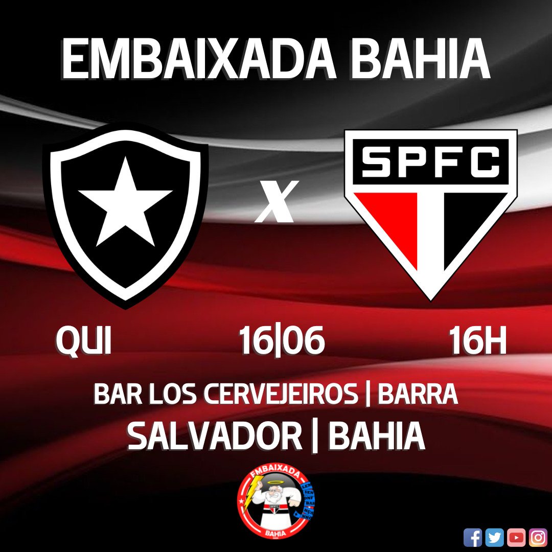 EmbaixadaBA's tweet photo. Botafogo x SÃO PAULO
Embaixada São Paulinos Bahia
Quinta (16/06), 16h
Local: Bar Los Cervejeiros - Rua Marquês de Caravelas, 358 - Barra
Salvador - Bahia
#EmbaixadaBA #saopaulofc #spfc #tricolor #unidospeloSPFC #boraspfc #vamossaopaulo 🇾🇪 🇾🇪 https://t.co/wHI1CzdCA9