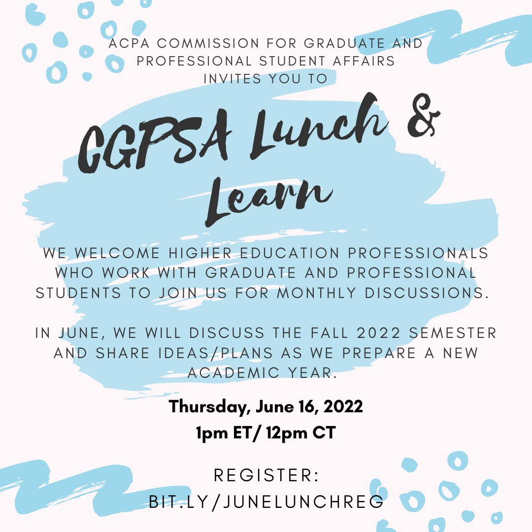 Join us this Thursday for our June Lunch &amp; Learn! Register here: bit.ly/junelunchreg <a href="/myacpa/">Greg Roberts</a> #acpa #cgpsa #highereducation #studentaffairs #graduatestudents #professionalstudents