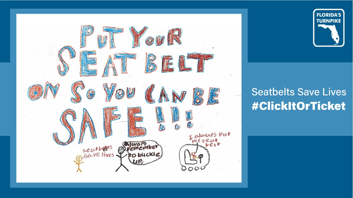 FloridaTurnpike's tweet photo. Seatbelts reduce your risk of being hurt in a crash by almost 50%. An important reminder from Johnny, child of one of our Florida’s Turnpike Enterprise team members. #ClickItOrTicketFL https://t.co/5rF0FNh23j