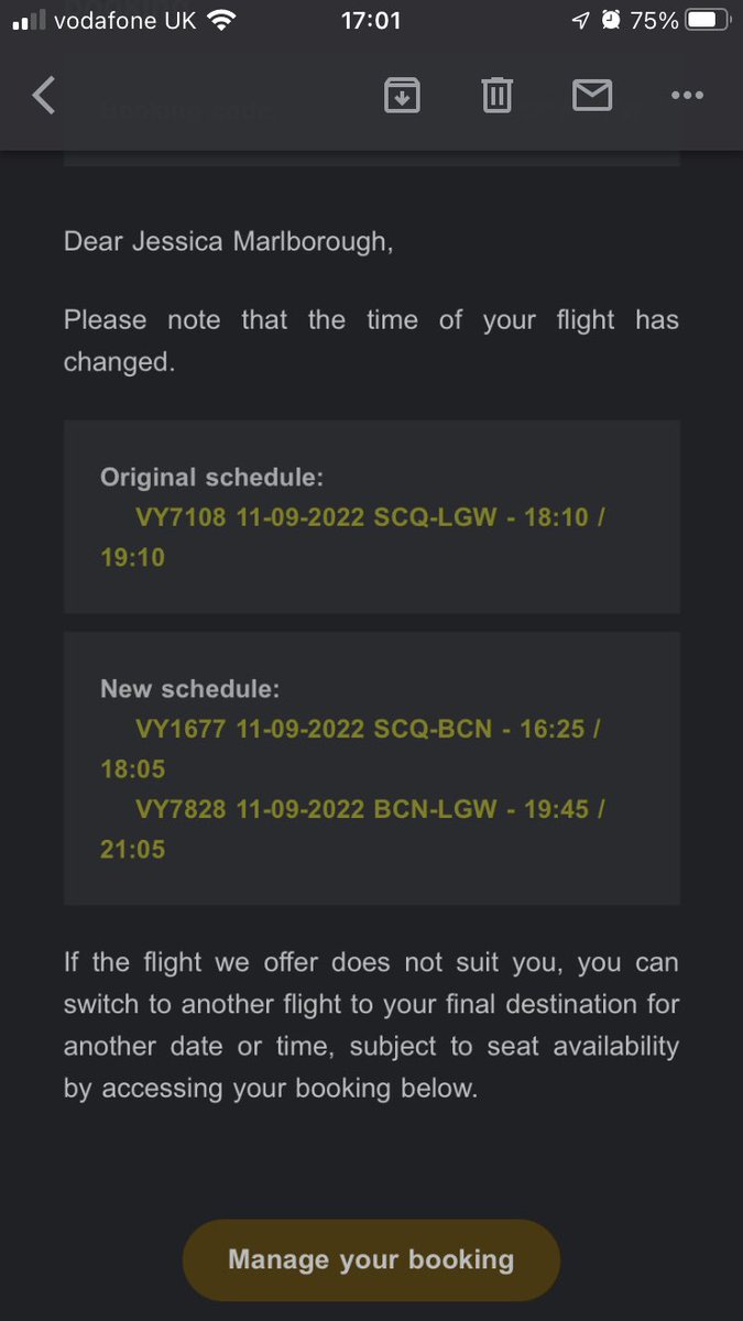 jclm1989's tweet photo. @vueling this is not a time change, it’s a cancelled flight and putting me on 2 new flights making my journey 3x as long. How can you possibly get away with not refunding me or even giving me credit for this? BCN is in the wrong direction! Pls reconsider as need to book new ✈️ https://t.co/gXgKgQPXtc