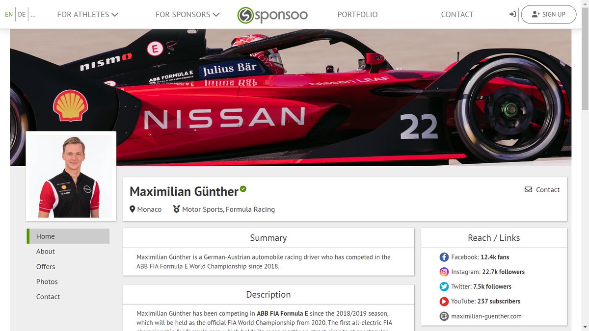 What should a good Sponsoo profile look like? 🤔

Formula E driver Maximilian Günther is the perfect example for a good Sponsoo profile.👆

#sponsoo #sponsorship #sponsoring #sponsor #sportsmarketing #website #profile #ABBFormulaE