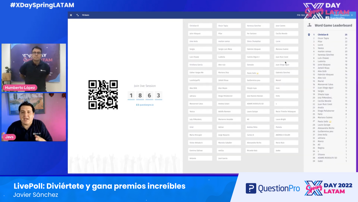 questionpro_es's tweet photo. ¡Muchas felicidades a nuestros ganadores en el primer LivePoll de nuestro evento #XDaySpringLATAM 2022! 

¡Únete ahora! Aprende de expertos en #InvestigaciónDeMercados y #ExperienciaDelCliente y gana en nuestro siguiente #LivePoll. 👀 https://t.co/c9i9lwcGWN