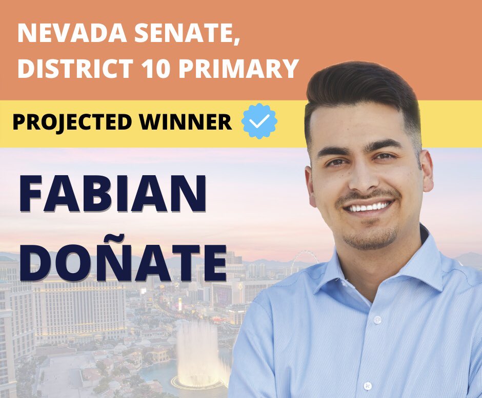 fabiandonate's tweet photo. Gracias, Senate District 10 🎉 

Today is dedicated to our hospitality workers and their families that believed in the kid from Downtown Vegas. 

Let’s go and help elect Democrats up and down the ballot this November. https://t.co/REzOa0IlOJ
