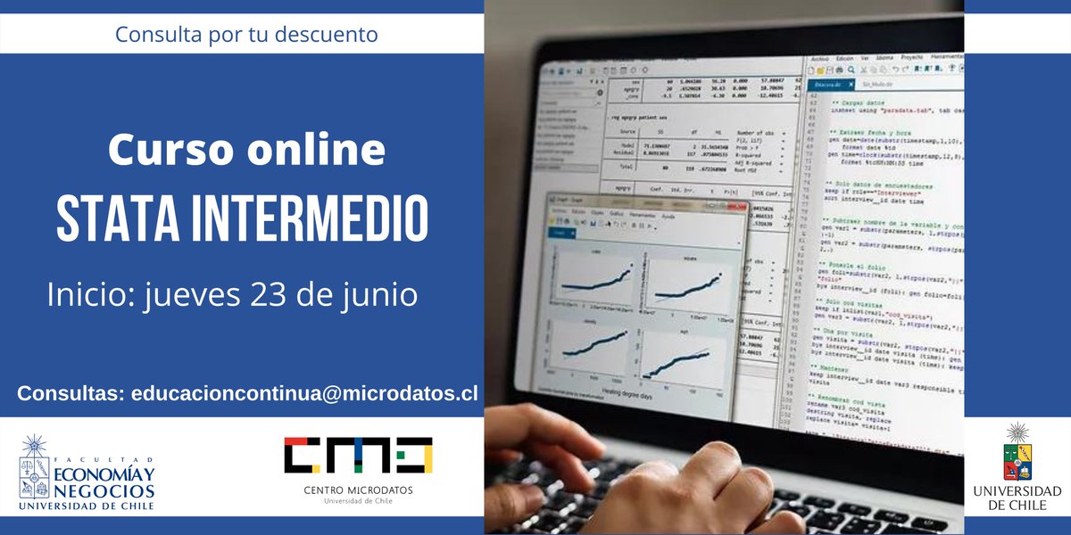 Si necesitas profundizar tus conocimientos de Stata aprovecha este curso de nivel intermedio que comenzará muy pronto. No olvides consultar por las opciones de descuento
Más información➡️microdatos.cl/stata-intermed…