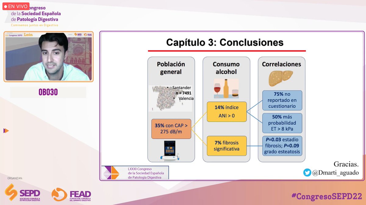 🔎 Consumo de alcohol asociado a la esteatosis hepática: elevada prevalencia no reportada y mayor riesgo de fibrosis significativa.

👨‍⚕️El Dr. <a href="/Dmarti_aguado/">David Marti Aguado</a> nos ha presentado un estudio muy interesante. Enhorabuena. 

#CongresoSEPD22 #LiverTwitter