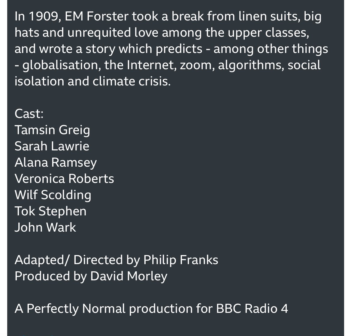 This Sunday at 3pm @BBCRadio4 THE MACHINE STOPS by #EMForster 📻  bbc.co.uk/programmes/m00… @AlanaRamsey1 #TamsinGreig @WilfScolding @Wark27 #TokStephen #VeronicaRoberts @stevenealon #actor #actress #radio4