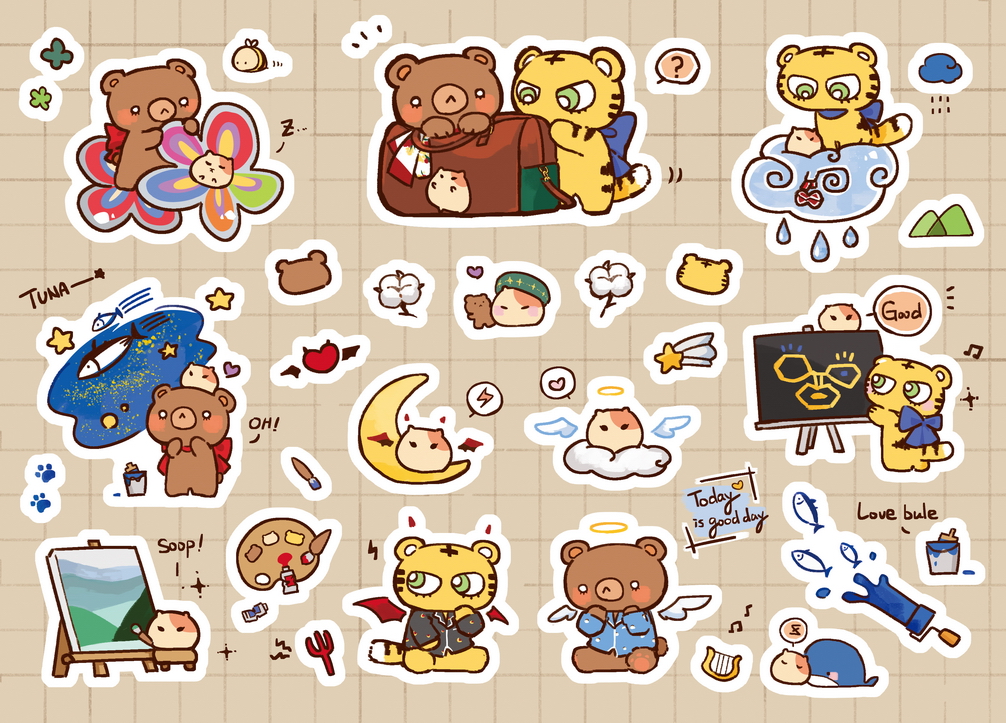 lovetree2676's tweet photo. 這次謝謝@Planet_TJ1234 活動的邀稿，畫了小動物貼紙作為預購專輯的圍巾禮物之一，正好616了放上來留念🐻🐹🐯💜 https://t.co/A2GGp53xaQ