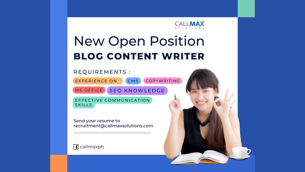 callmaxph's tweet photo. Looking for a writer that understands basic SEO and can write blogs, articles, product descriptions. Full time. Good pay!
Interested candidates please send us a message. #FYP #callmaxph #job #hiring https://t.co/YzFlOkxQWK