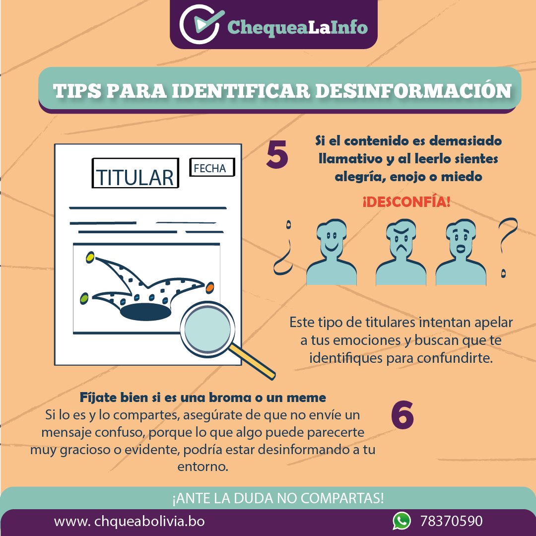 luisfelipearce's tweet photo. 👉🏼 Tips para identificar desinformación!
#ChequeaLaInfo #Desinformación #ChequeaBolivia https://t.co/28IJxmAoF3