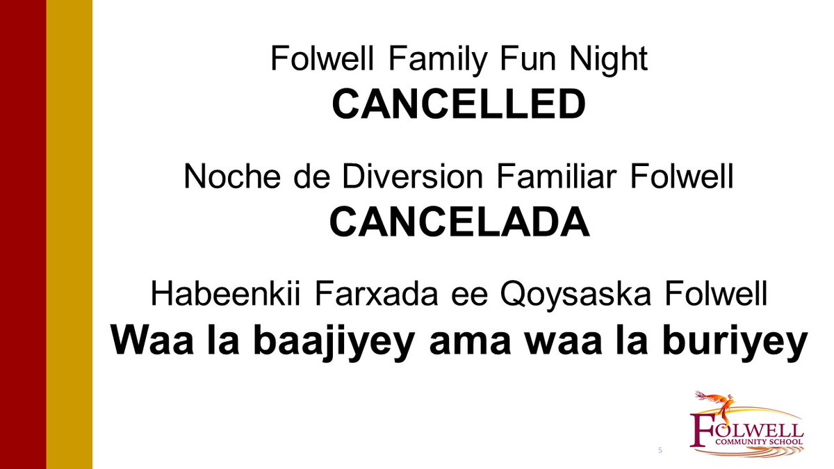Due to the inclement weather, the family fun night tonight has been cancelled.
Thank you for understanding!

Debido a las inclemencias del tiempo, la noche de diversión familiar de esta noche ha sido cancelada. ¡Gracias por entender!
