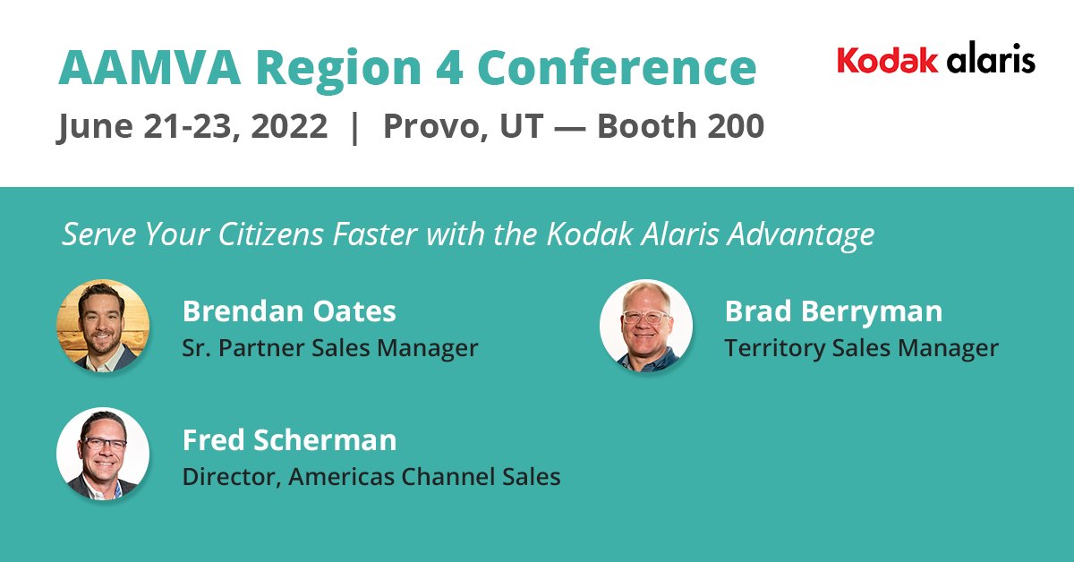AlarisWorld's tweet image. Kodak Alaris will be attending the @AAMVAConnection Region 4 Conference! Explore how we can help improve #productivity and #applicationprocessing with our document #scanners and #software. bit.ly/3xgvusL 
#AAMVA #REALID
Brendan Oates  | Brad Berryman | Fred Scherman
