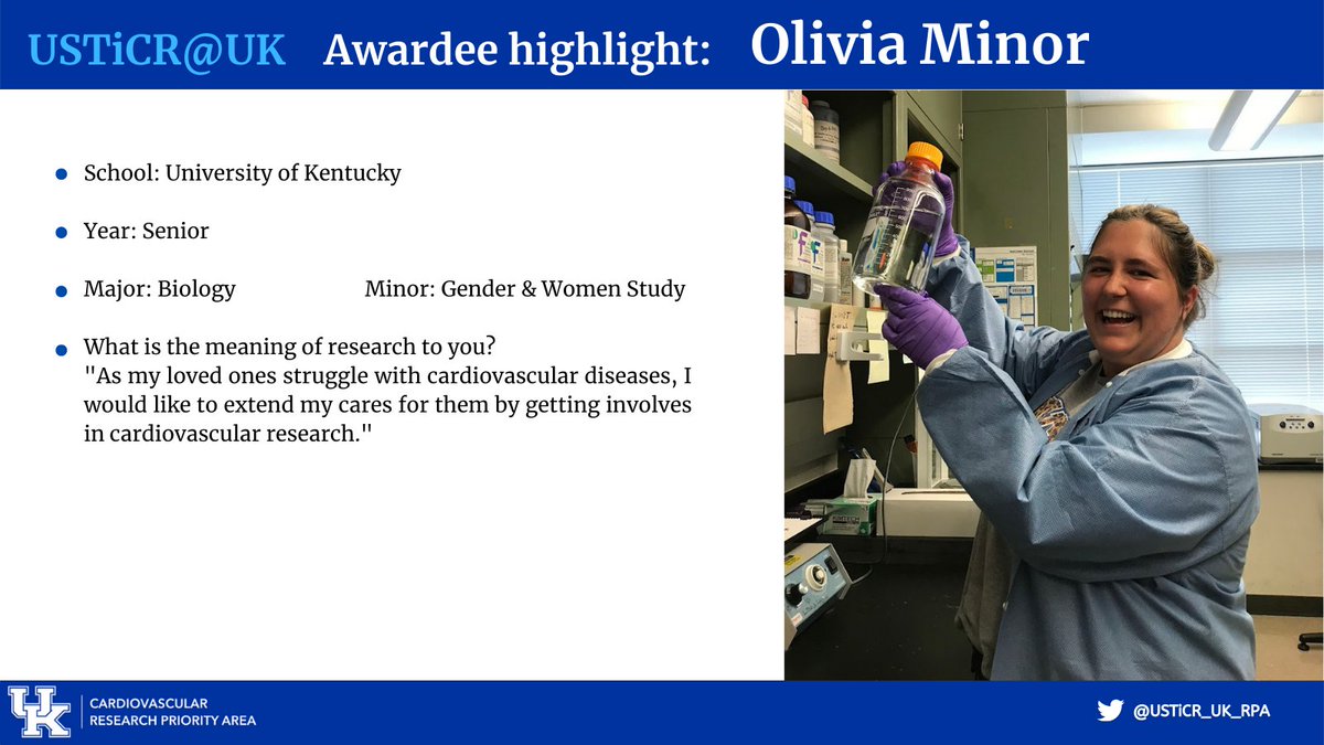 USTiCR_UK_RPA's tweet image. Awardee spotlight of the day -
@olivia_minor studies the effects of early life stress on cardio health at @Dr_Analia_Loria lab. She aspires to be a well-rounded physician &amp;amp; care for patients from diverse backgrounds. 
She is a member leader in academic committee at @UKPhiMu!!