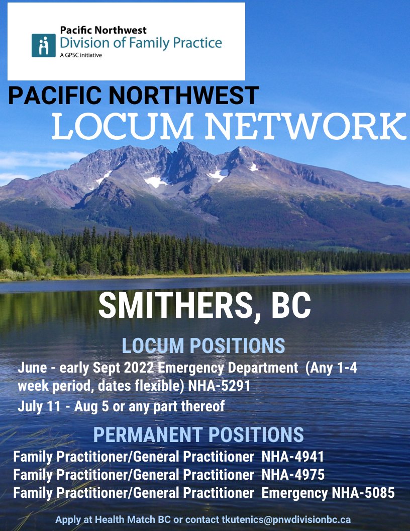 PNWLocumNetwork's tweet photo. Life is better in the mountains! Exceptional #Locum & #FamilyPractice #Physician opportunities in spectacular #SMITHERS.
#doctors #GP #physicians #primarycare #familymed #ruralhealth #supportivecolleagues #newgrads #mountains #rivers #lakes #wilderness #panoramicviews #serenity https://t.co/XzJE5BM3D3