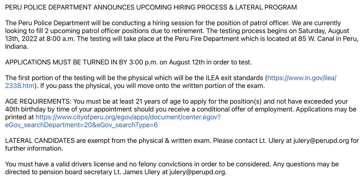 Peru Police Department announces upcoming hiring session…