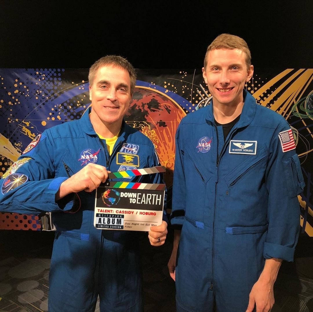 ImAstroNana's tweet photo. SpaceX crew-6 mission member @Astro_Woody posed for picture with astronaut @Astro_SEAL after filming the show: NASA's "DOWN TO EARTH" series. https://t.co/bArd3LnTAf