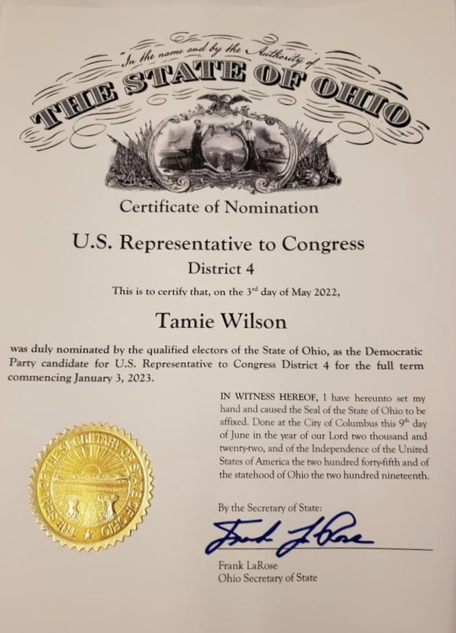 RealTamie's tweet photo. Boy, they are so scared of me that they sent my official certificate of nomination to another Tamie Wilson!

🙄 Like they don’t have my address! 

Know my name, #TamieWilson! Watch this underdog kick Jim Jordan’s ass! https://t.co/RdEhI7c5c5