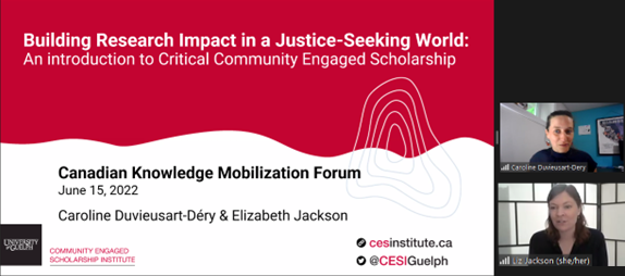 researchimpact's tweet photo. Superb presentation from @CESIGuelph on how critical community engaged scholarship and knowledge mobilization can inform each other and make research more insightful, impactful, and collaborative with community-identified priorities. #CKF22 #KMb #CCES #criticallens #socialjustice https://t.co/dcPL68ZRx9