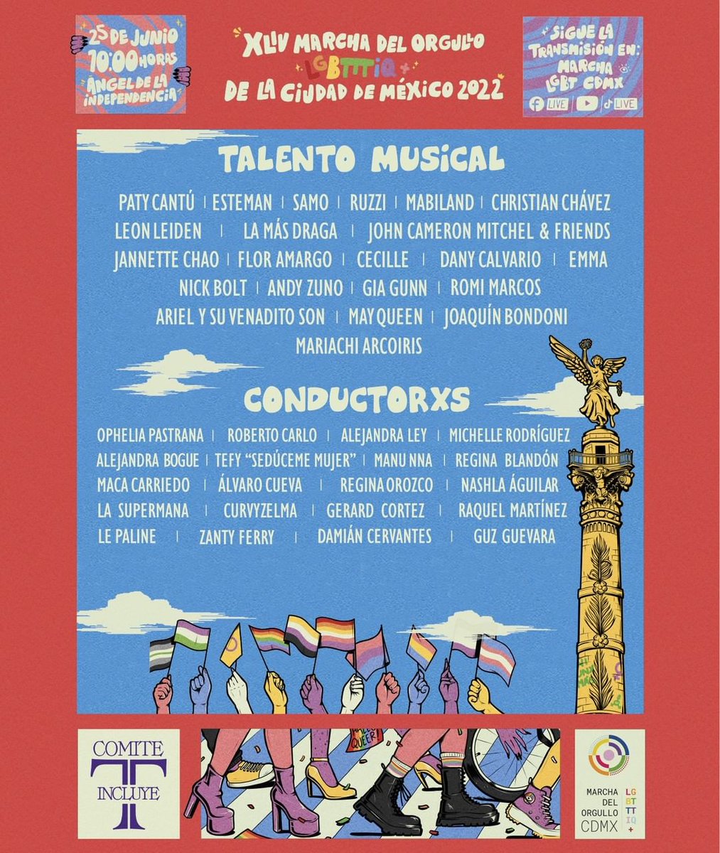 gaypride_cdmx's tweet photo. ¡Conoce al elenco que nos hará vibrar en el concierto organizado por el Comité IncluyeT para el cierre de la “XLIV Marcha del Orgullo LGBTTTIQ+ de la Ciudad de México” en el concierto de cierre que también podrás seguir de forma virtual en nuestra transmisión especial en vivo. https://t.co/2VKnckbx9Z
