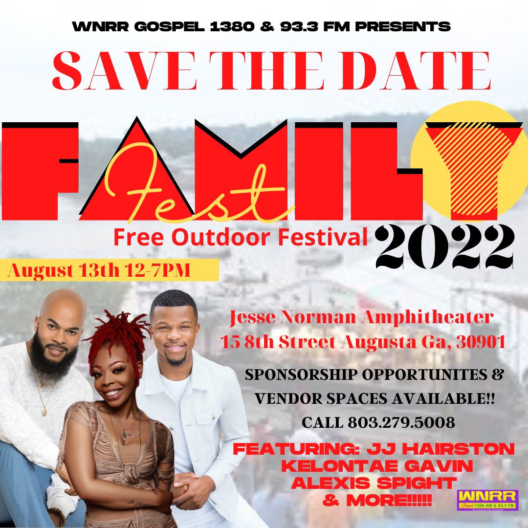 DRSCTONDAKELLY's tweet photo. Save the date: It’s our 8th Anniversary…
WNRR Gospel 1380 AM &amp; 93.3 FM presents FAMILY FEST 22.. Saturday Augusta 13th.. ITS FREE!!!!! https://t.co/fRipaaRLEb