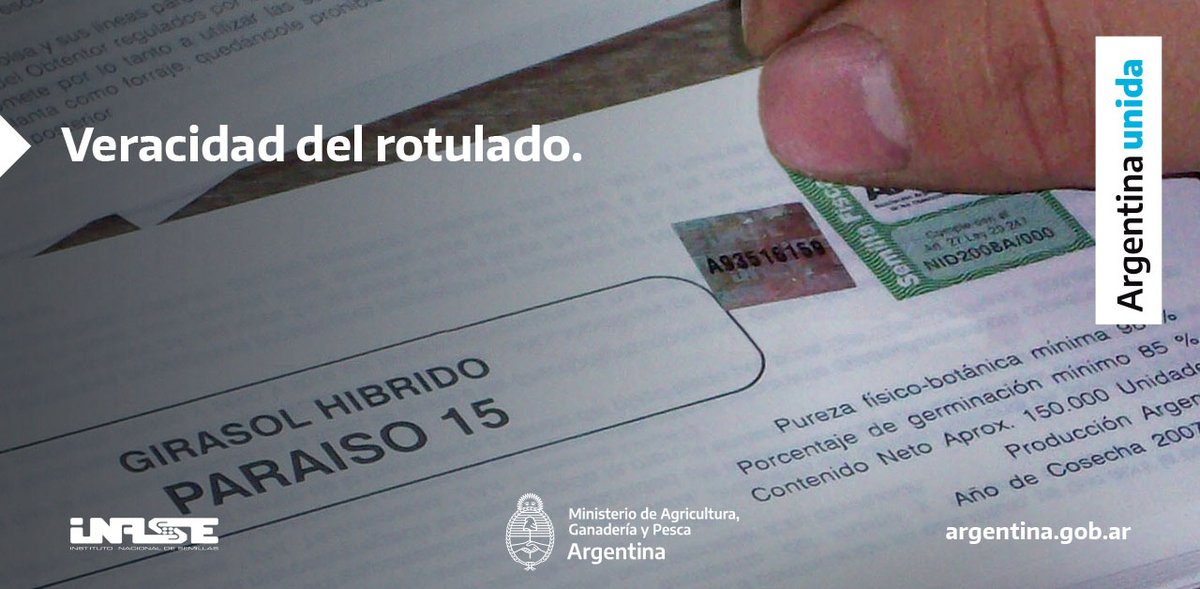inaseargentina's tweet photo. ✅ El #rotulado garantiza al productor la información de la semilla.
Si detectás falsedad en las especificaciones declaradas en los rótulos de los envases, podés denunciarlo ante el #INASE.
Más información en: https://t.co/niCHZG3cwG https://t.co/6kYlaCL62l