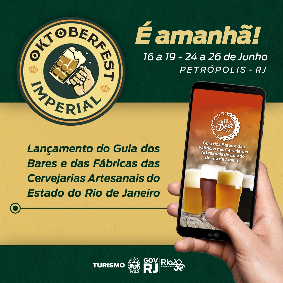 TurismoRJ's tweet photo. É AMANHÃ!
A Secretaria de Estado de Turismo e a TurisRio lançam o "Guia dos Bares e Fábricas das Cervejarias Artesanais do Estado do Rio de Janeiro" na Oktoberfest Petrópolis, que acontecerá dos dias 16 a 19 e 24 a 26 de junho!🍻🍻
Não perca! 🥳🍺
#seturj #turipolis https://t.co/wdRXV7otSH