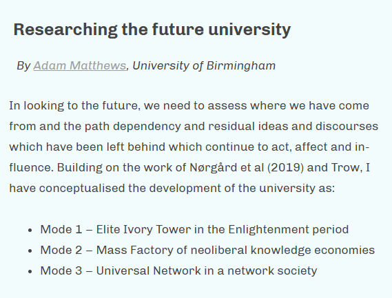 Latest from our #HE #EducationResearchCensus blog series, a fascinating piece on 'Researching the future university' by <a href="/adam_matthews/">Adam Matthews</a>

edu-research.uk/2022/06/15/res… 

Has got me thinking about how #edresearch fits with/could shape the direction of the modern/future university...
