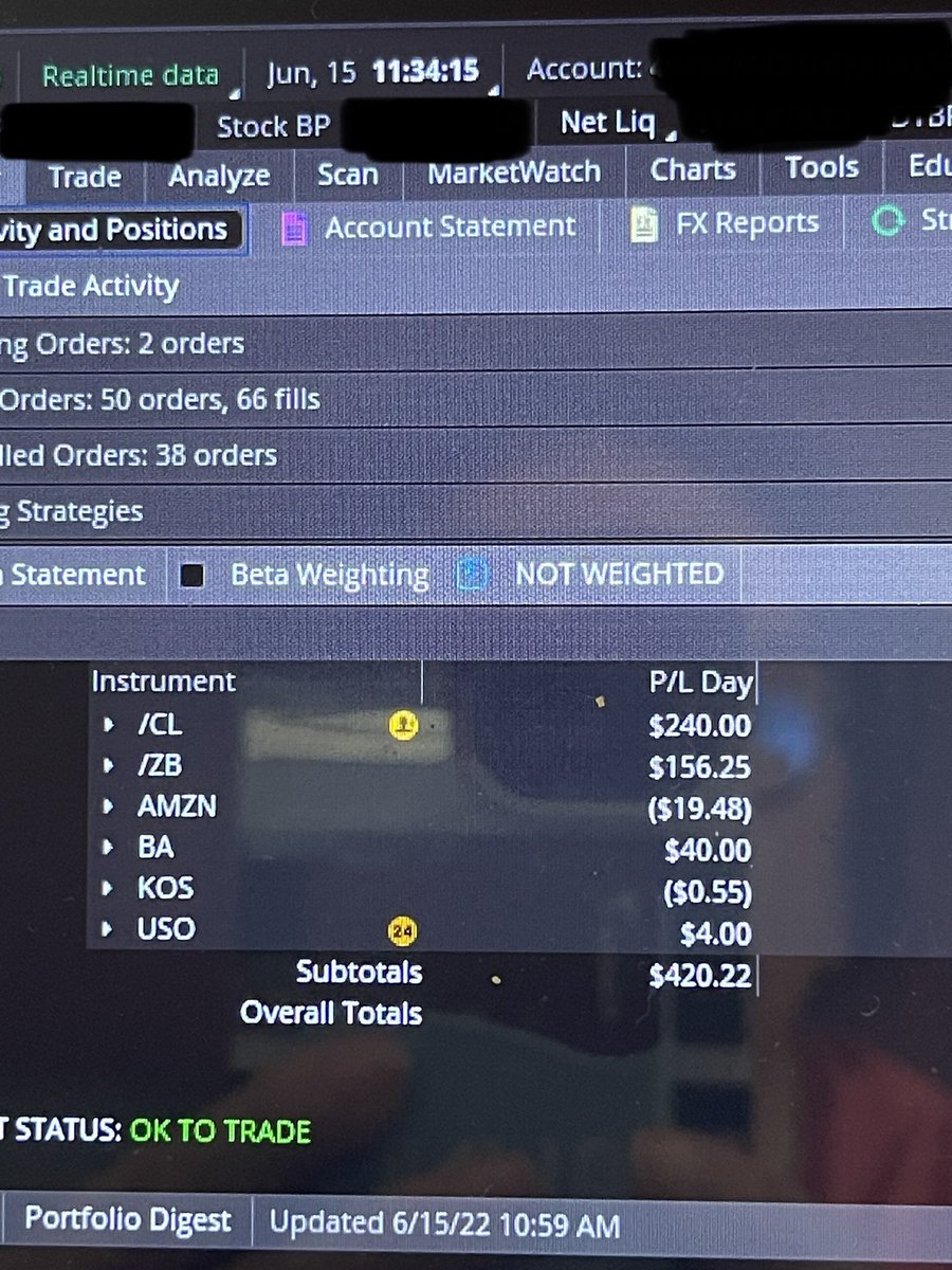 TraderKimmie's tweet image. +$3100 day trading oil futures $CL and 30 yr bond futures $ZB. Will be disciplined and stop here at noon to keep profits. I tend to #overtrade and give back to the market.