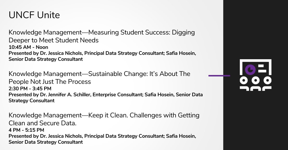 Calling all <a href="/UNCF/">UNCF</a> Unite Attendees! Make sure to join day 2 of our Data Strategy and Change Management track breakout sessions today, as our presenters highlight holistic approaches to data consumption and storytelling and the Prosci ADKAR change management framework.