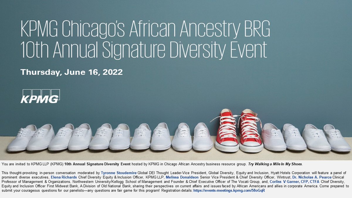 Looking forward to joining <a href="/KPMG/">KPMG</a> #Chicago to have a courageous conversation on #DEI as a panelist for their 10th Annual Signature #Diversity Event on Thursday 6/16. Register to join us here: events-meetings.kpmg.com/58oGqR