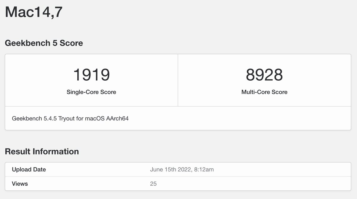 VadimYuryev's tweet image. CPU Benchmarks have leaked for Apple&apos;s M2 chip!

3.49GHz CPU clock vs M1&apos;s 3.2GHz
Single-core performance gain vs M1: 11.56%
Multi-core performance gain vs M1: 19.45%

A little bit better than my estimates. I&apos;m impressed!
browser.geekbench.com/v5/cpu/15482594
Thanks to @amoss_137 for sharing.