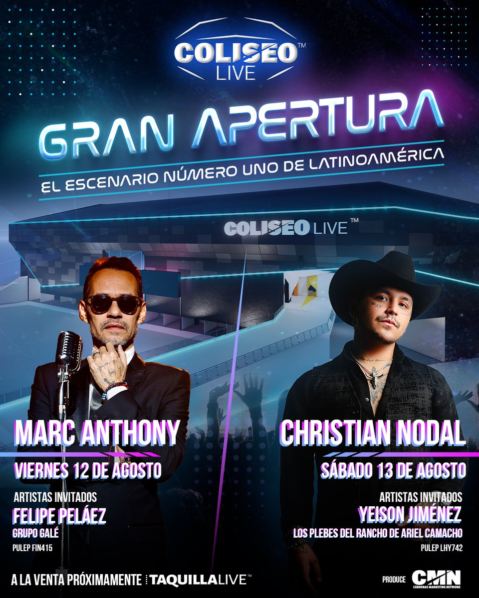 taquillalive's tweet photo. ¡Colombia! 🇨🇴

Queremos anunciarles 🥁 que la gran apertura de @coliseolive se acerca... Serán dos noches de fiesta junto a dos de los artistas más grandes de la industria, Marc Anthony y Christian Nodal. Conocerás y disfrutarás del escenario número uno de Latinoamérica. https://t.co/HlVCXBd0Og