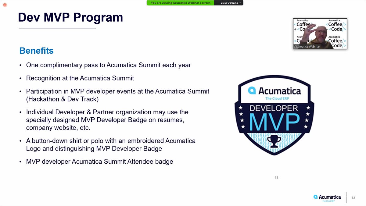 TimRodman's tweet photo. Benefits of the @Acumatica Developer MVP Program as presented by @MvF_Evangelista #AcumaticaDevCon https://t.co/UkjLeeNF65