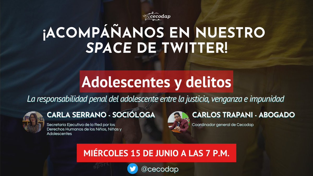 Hablemos sobre responsabilidad penal adolescente. ¿Qué pasa cuando una persona menor de edad comete un delito? ¿Cuándo hay justicia? ¿Cuándo hay impunidad? 

ACOMPÁÑANOS HOY 7 pm en nuestro #TwitterSpace