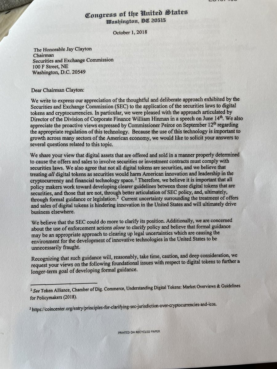 JohnEDeaton1's tweet photo. Yesterday, I asked the question why didn’t Jay Clayton do more to clear up the ambiguity and foster innovation by providing regulatory clarity, considering he had the votes w/ @HesterPeirce and Elad Roisman. This is a letter from 16 members of Congress begging for clarity. 👇 https://t.co/35f9rHvq1M