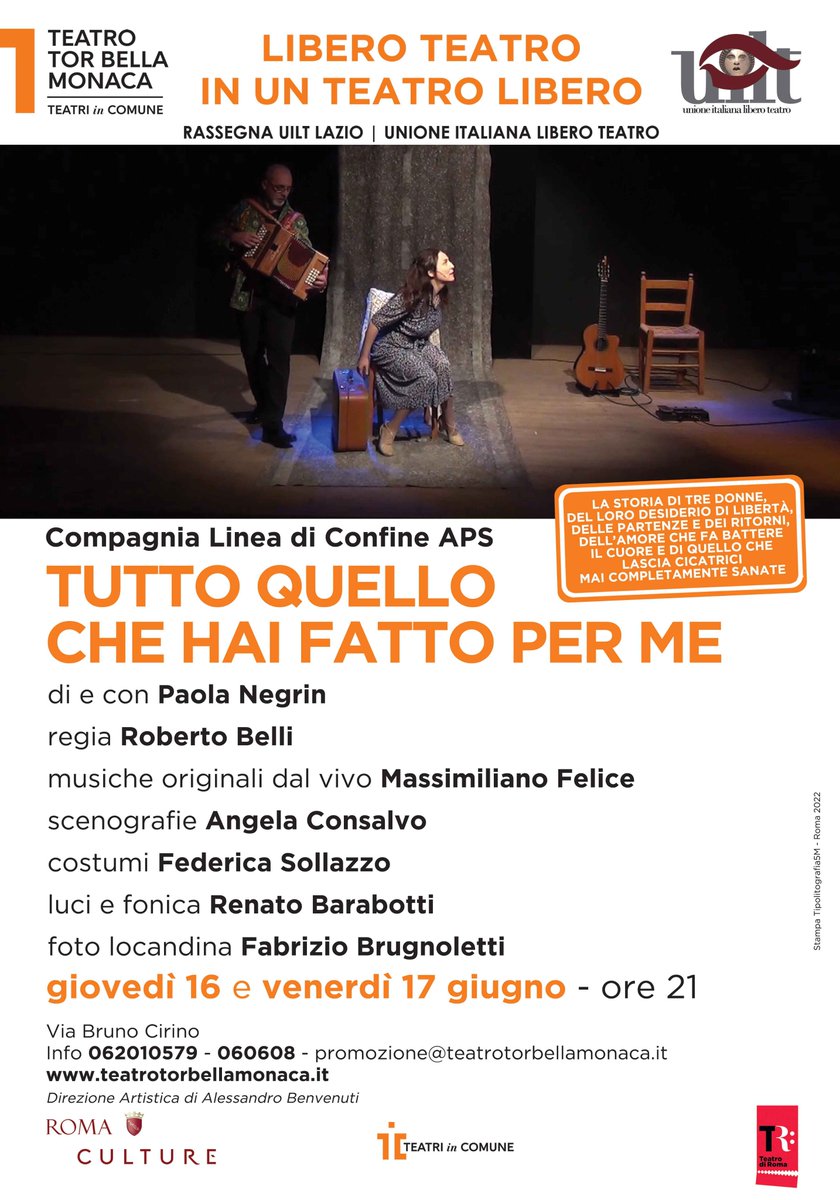 Ttorbellamonaca's tweet photo. 🔸 𝐓𝐔𝐓𝐓𝐎 𝐐𝐔𝐄𝐋𝐋𝐎 𝐂𝐇𝐄 𝐇𝐀𝐈 𝐅𝐀𝐓𝐓𝐎 𝐏𝐄𝐑 𝐌𝐄 🔸 Compagnia Linea Di Confine Aps
👉 Questa sera e domani ore 21
Info ► https://t.co/5l2aj8HJEK
☎️ 062010579
#teatro #roma #teatrotbm #uilt https://t.co/OkJ76dabbM