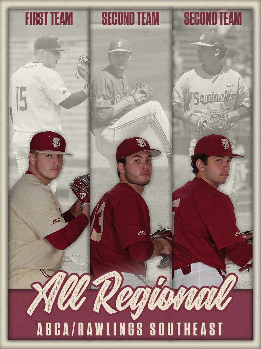 FSUBaseball's tweet image. 𝙰𝚕𝚕-𝚁𝚎𝚐𝚒𝚘𝚗 🏆

Parker, Bryce and Wyatt earn ABCA/Rawlings All-Region honors for their outstanding seasons!