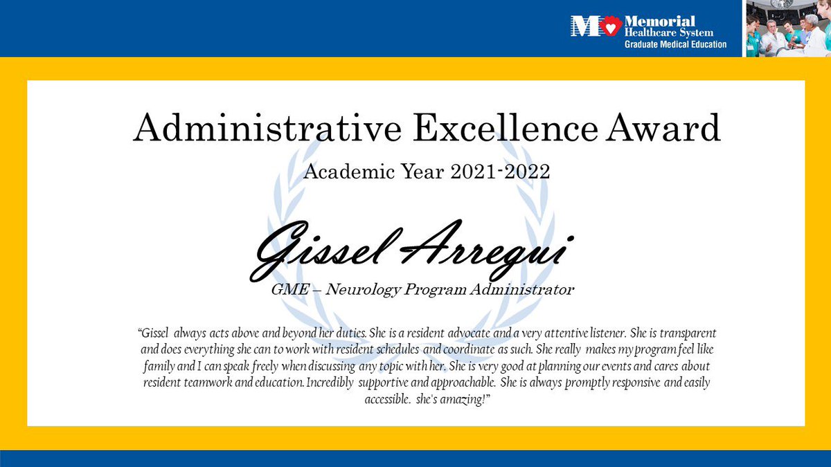 MhsNeurology's tweet photo. This year, our Neurology Residency Program stole the annual GMEC Awards. Congrats to our Program Administrator Gissel Arregui, resident Dr. Baumann, faculty Dr. Ajiboye, and Program Director Dr. Subei! https://t.co/jcyTShYNzL