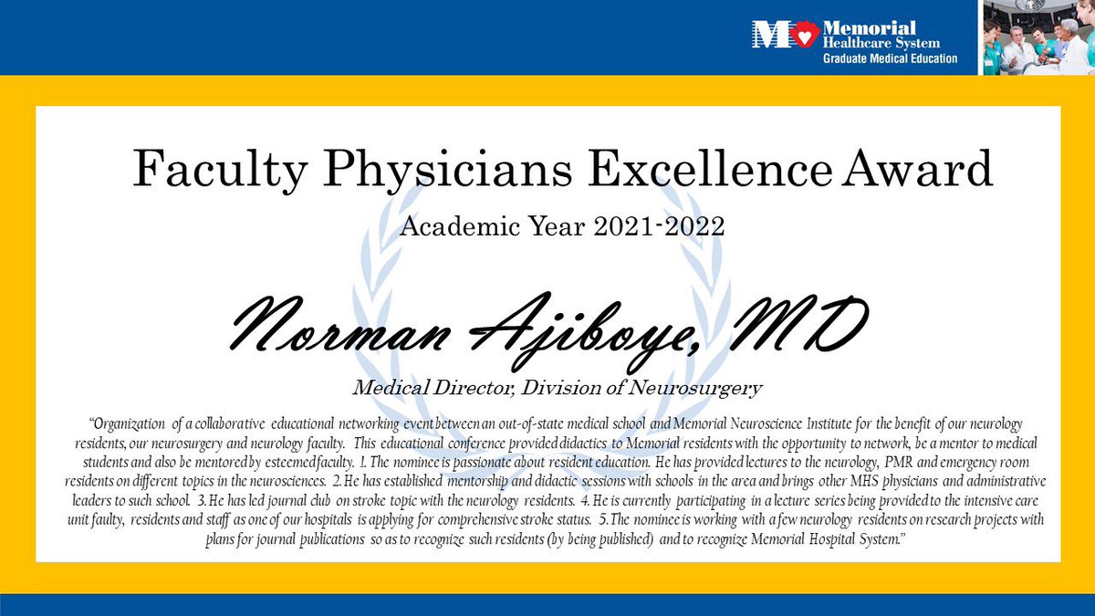 MhsNeurology's tweet photo. This year, our Neurology Residency Program stole the annual GMEC Awards. Congrats to our Program Administrator Gissel Arregui, resident Dr. Baumann, faculty Dr. Ajiboye, and Program Director Dr. Subei! https://t.co/jcyTShYNzL