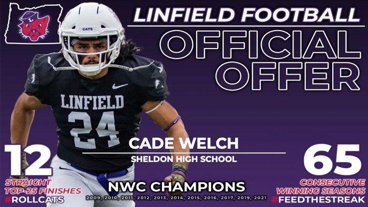 CadeWelch's tweet photo. After a great talk with @CoachSmithCats I am honored to have received my first offer from @LinfieldFB. #rollcats @SheldonIrishfb https://t.co/T8JBV1N33M