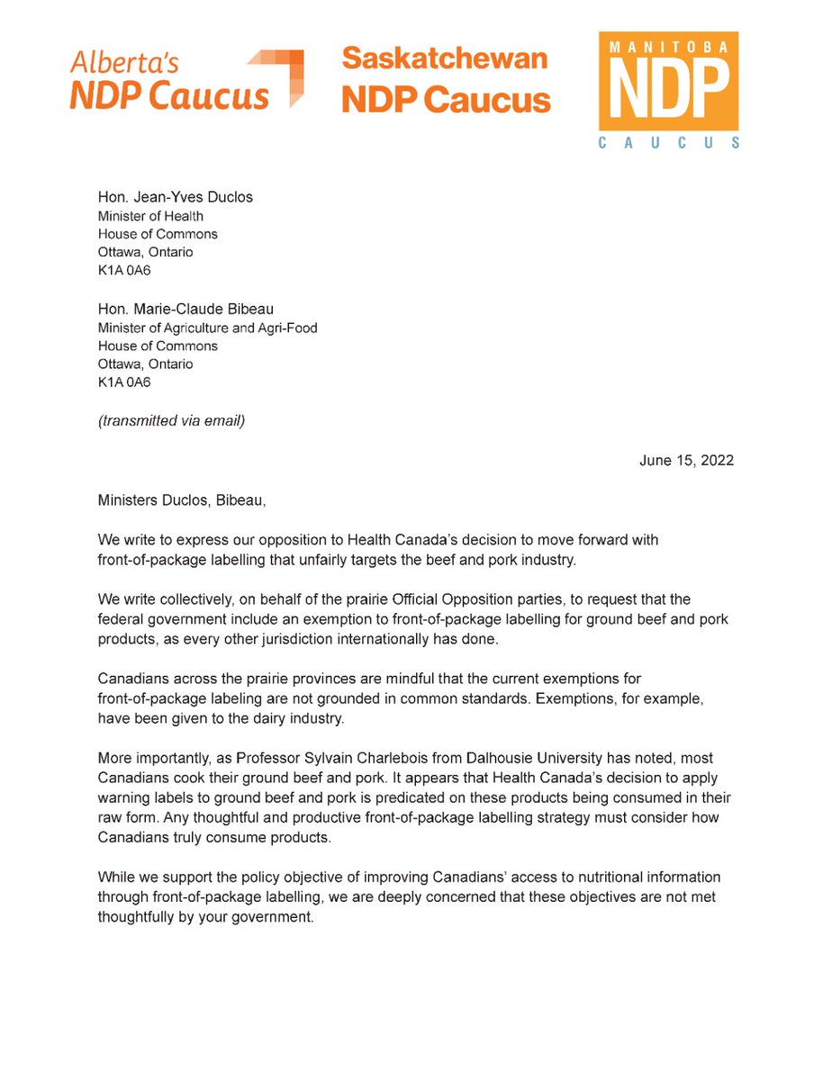 heathersweetab's tweet photo. We have heard from our prairie constituents and from stakeholders and we are of the unanimous view that the Federal government should institute an exemption for ground beef and pork products from new front-of-package labelling regulations.
#AbLeg #AbAg @albertabeef @AlbertaPork https://t.co/W51eZAOXhO