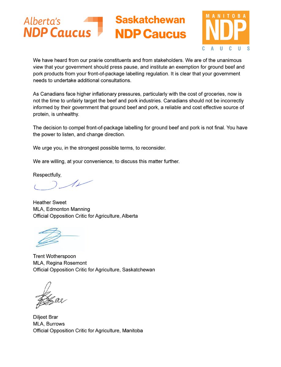 heathersweetab's tweet photo. We have heard from our prairie constituents and from stakeholders and we are of the unanimous view that the Federal government should institute an exemption for ground beef and pork products from new front-of-package labelling regulations.
#AbLeg #AbAg @albertabeef @AlbertaPork https://t.co/W51eZAOXhO