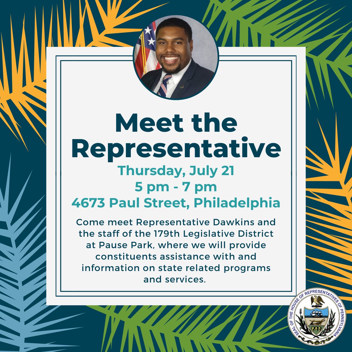 RepDawkins's tweet photo. Join my staff and I on a July 21st from 5pm to 7pm in Pause Park to learn about all the state related services we can assist you with! #MeetTheRep #TeamDawkins https://t.co/TlAmK8mQfb