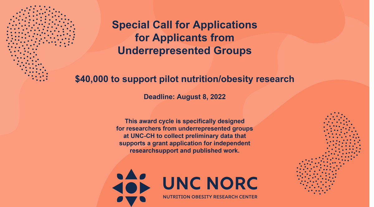 uncnorc's tweet photo. 🌟Call for Pilot Award Applications for Applicants from Underrepresented Groups🌟

The UNC NORC will award $40K in direct costs for #nutrition and #obesity pilot research. Deadline: August 8. Newly streamlined 3-page application process! 

Learn more at https://t.co/Szm2L7tFd0 https://t.co/QSsSO10Jpb